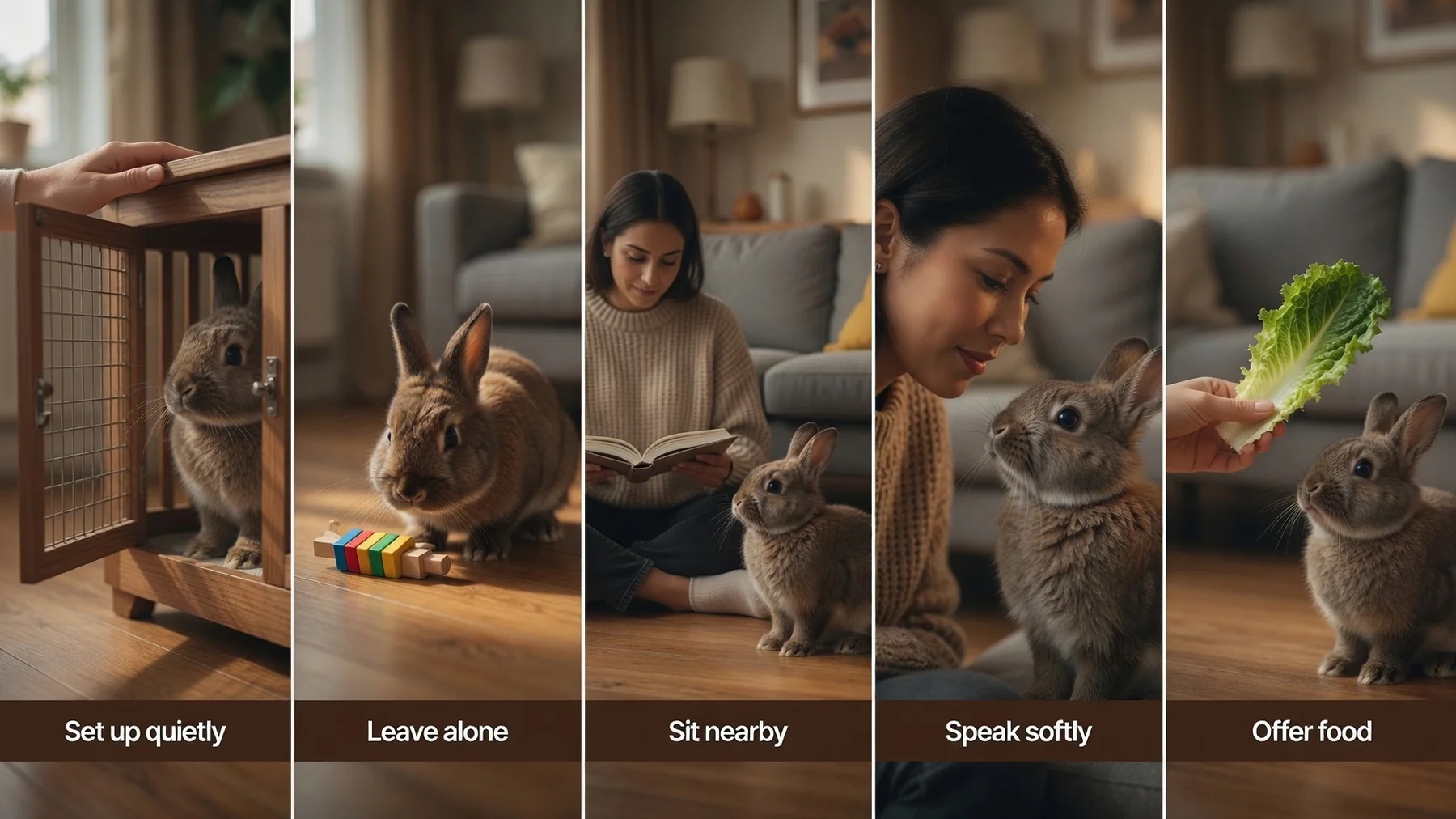 Five steps for your rabbit's first 24 hours: Set up quietly, Leave alone, Sit nearby, Speak softly, Offer food