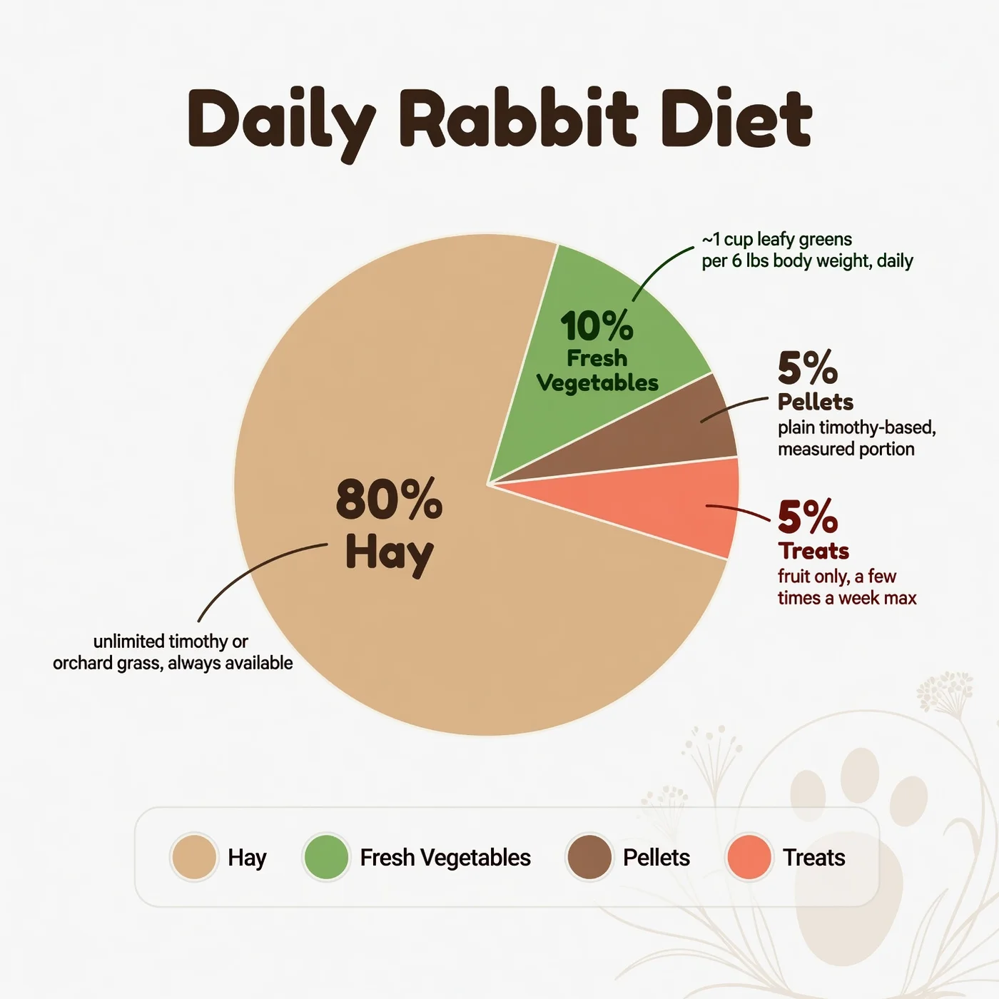 Rabbit diet breakdown: 80% hay, 10% fresh vegetables, 5% pellets, 5% treats