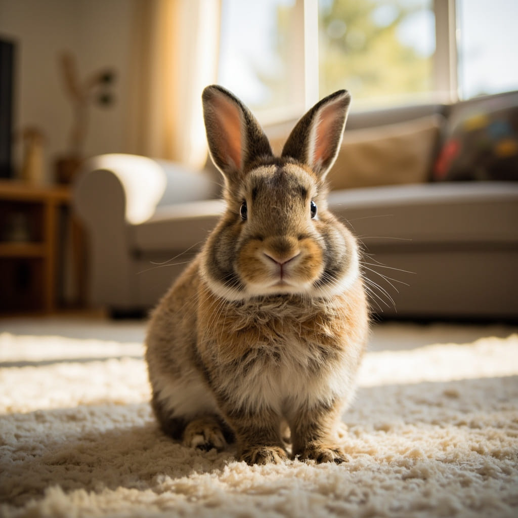 A rabbit and family in a comfortable home setting