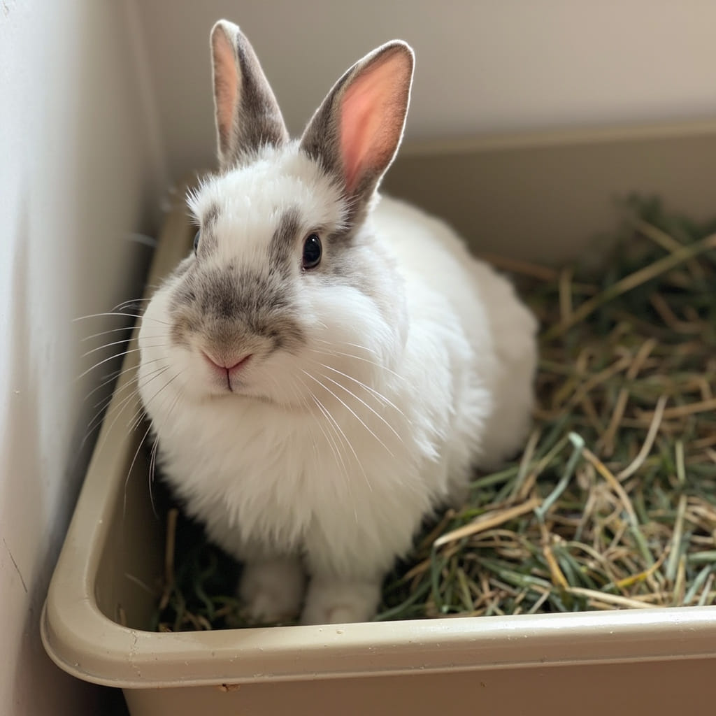A rabbit in a litter box