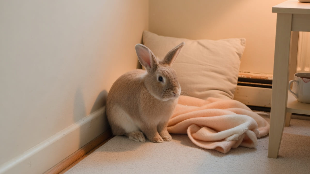 A rabbit sitting quietly, looking slightly subdued