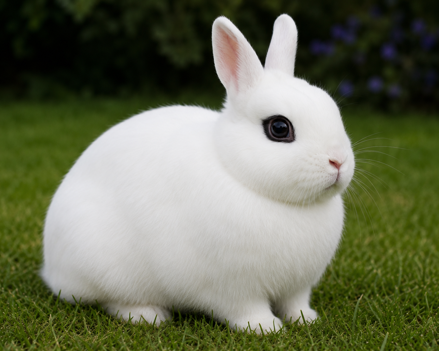 A pristine white Blanc de Hotot rabbit with distinctive dark eyes and eye rings on a green lawn