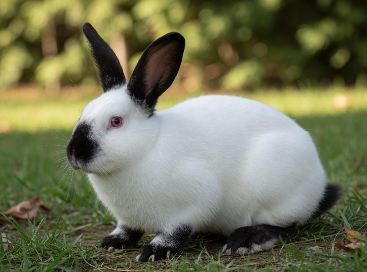 A white Californian rabbit with dark points