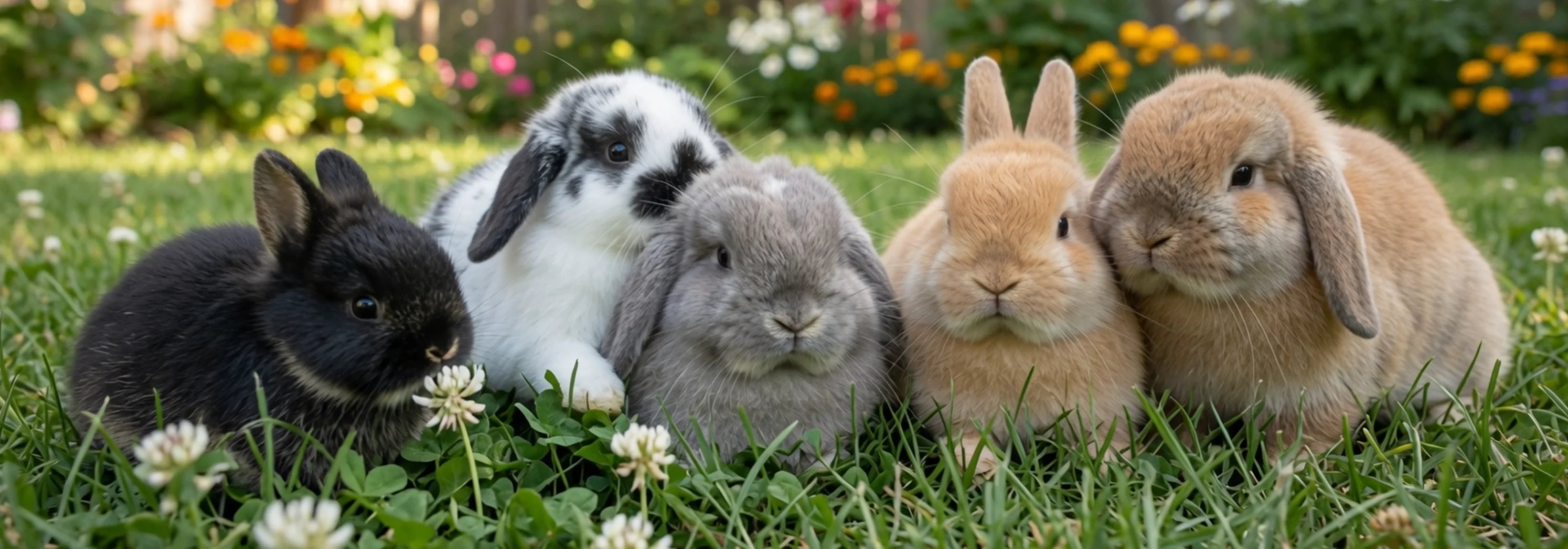 A group of rabbits together in a sunlit garden